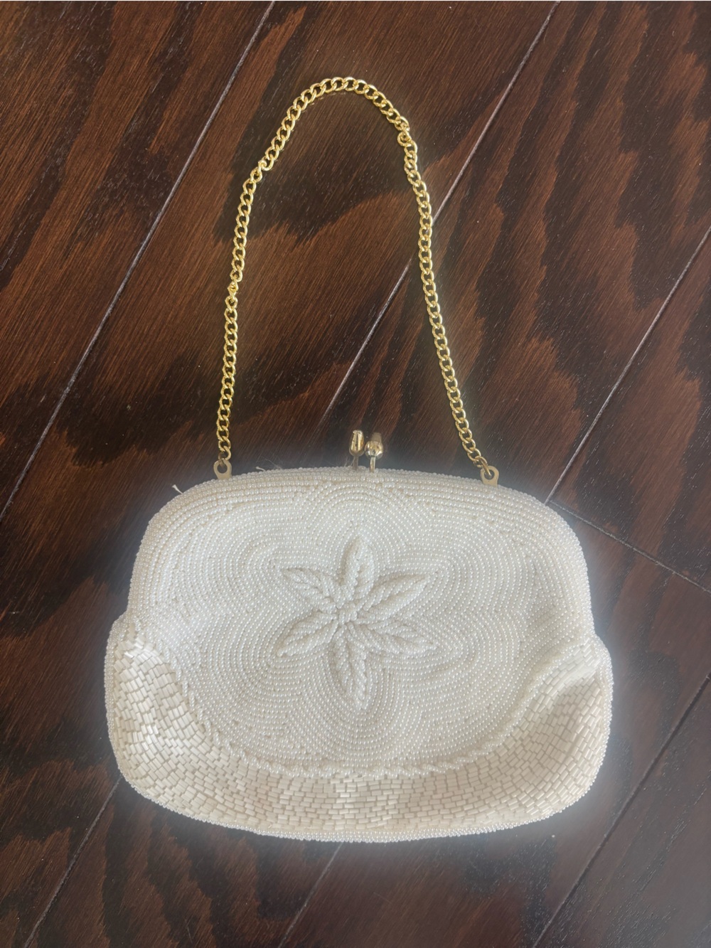Ivory Beaded Evening Bag with Gold Chain